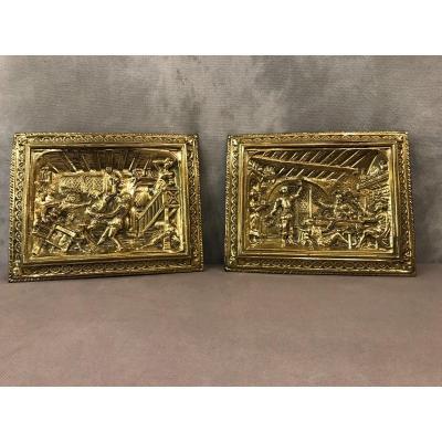 Decorative Pair Of Brass Plates 19th