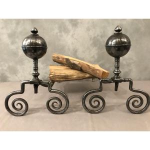 Pair Of Antique Wrought Iron Andirons From The 18th Century