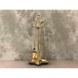 Antique Brass Fireplace Servant With Shovel And Tongs, 19th Century Charles X