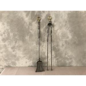 19th Century Iron And Bronze Fireplace Shovel And Tongs Set