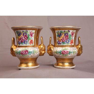 Pair Of Vases Porcelain Vieux Paris For 19th Time