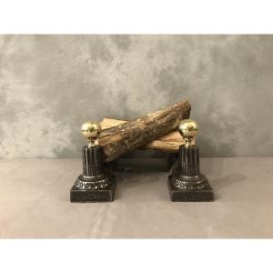Pair Of Antique Cast Iron And Brass Andirons From The 19th Century