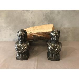 Pair Of Antique Cast Iron Andirons From The 19th Century 
