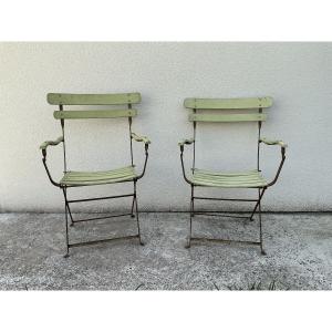 Pair Of Folding Iron And Wood Garden Armchairs Circa 1950