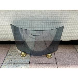 Modernist Curved And Smoked Glass Fire Screen Circa 1970