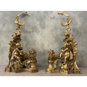 Pair Of Andirons Or Fireplace Decorations In Gilded Bronze From The 19th Century In The Louis XV Style 