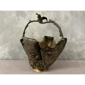 Art Nouveau Period Bronze And Silvered Bronze Basket Decorated With Foliage 