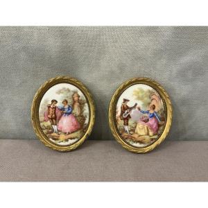 Pair Of Small Porcelain Medallion Frames With Gilt Brass Frames, 20th Century