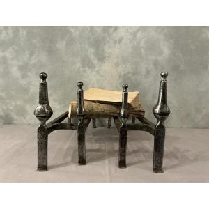 Pair Of Double Andirons In Polished Iron, Dating From The 18th Century