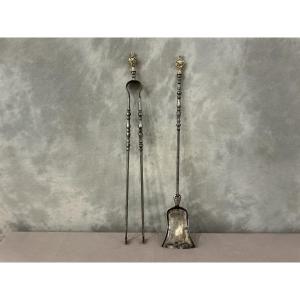 A Set Of An Antique Iron And Bronze Fireplace Shovel And Tongs Dating From The 19th Century 