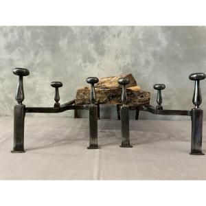 Pair Of Antique Double Iron Andirons From The 18th Century 