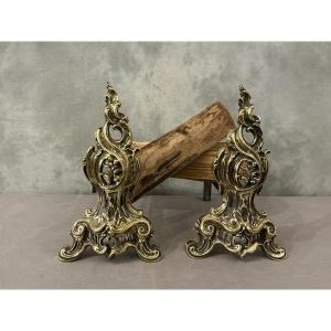 Pair Of Antique Polished Bronze Andirons In The Louis XV Style, Dating From The 19th Century 