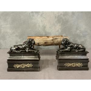 Pair Of Antique Cast Iron Dog-decorated Andirons From The 19th Century 