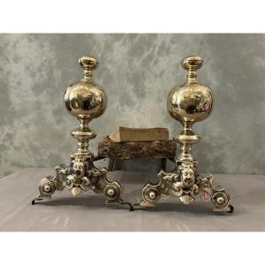 Pair Of 17th-century Brass Andirons By Marmousets 