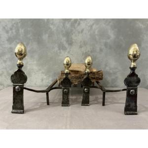 Pair Of 18th-century Period Andirons With Double Iron Fittings And Brass Ball 