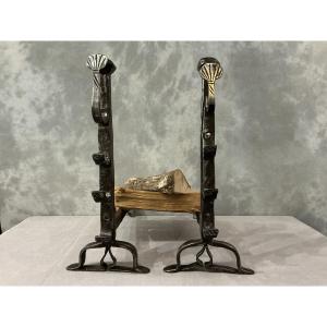 Pair Of Antique Wrought Iron Andirons Dating From The Late 17th To Early 18th Century