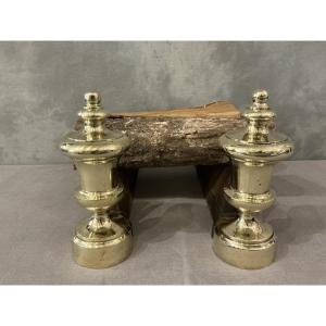 Pair Of Antique Cast Iron And Brass Andirons From The 19th Century