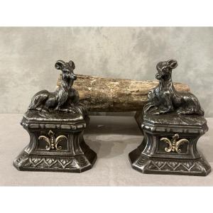 Pair Of Antique Cast Iron Andirons Decorated With Goats, Dating From The 19th Century