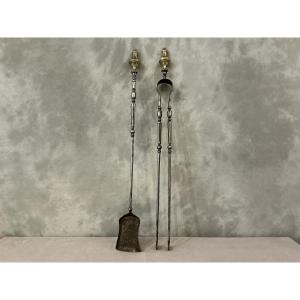 Large Set Of A Shovel And Tongs In Iron And Bronze From The 19th Century