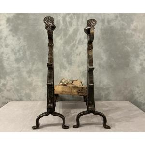 Large Rustic Iron Andirons From The 17th Century, Decorated With Shells.