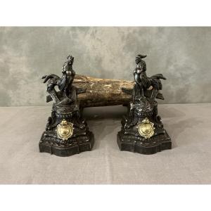Pair Of 19th Century Cast Iron Andirons, Rooster Model