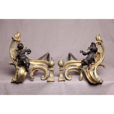 Pair Of Andirons In Bronze Period Napoleon III 19th