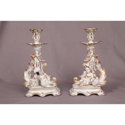 Pair Of Candlesticks Old Paris Porcelain 19th