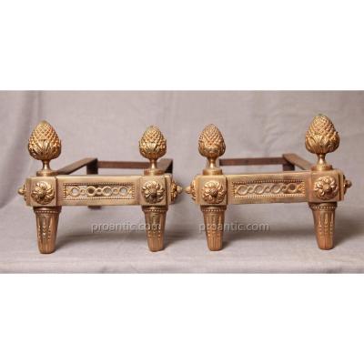 Pair Of Andirons Gilt Bronze 18th Century Louis XVI