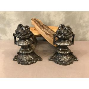 Pair Of Cast Iron Andirons 19th Time