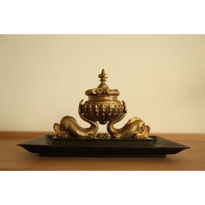 Inkwell In Gilt Bronze And Patina 19th Time