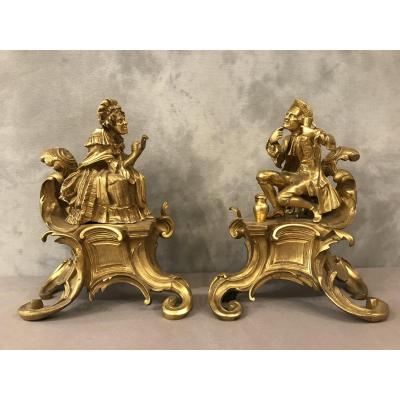 19th Century Andirons In Gilt Bronze