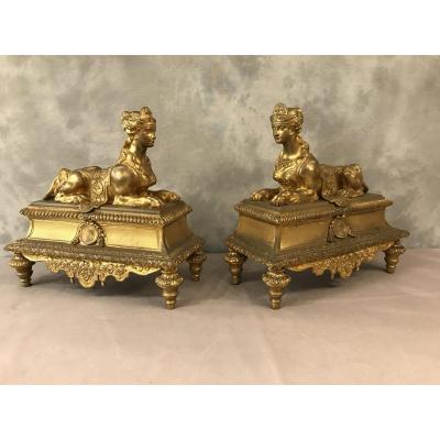 Andirons In Gilt Bronze With Sphinxes From The 19th Time