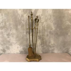 Serviteur De Cheminée En Laiton D’époque 19ème Avec Une Pelle Et Une Pince