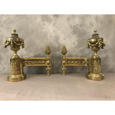 Andirons In Polished Bronze And Varnish From The 19th In Bronze And Marble