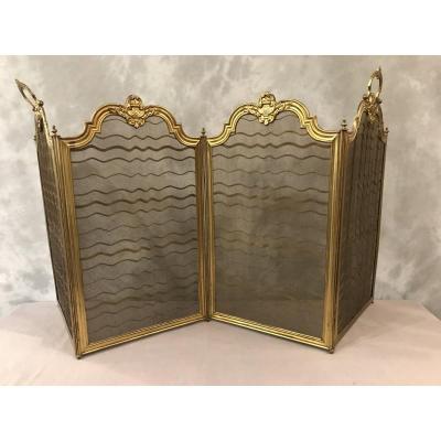 Antique 19th Time Fireplace Screen In Golden Brass