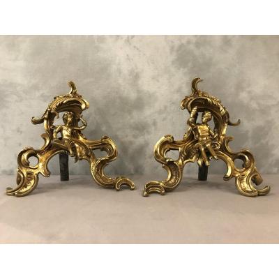 Pair Of Andirons In Gilt Bronze From The 19th Time With Decor Of Characters