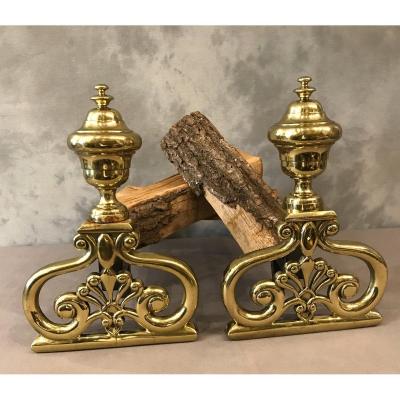 Pair Of Andirons In Brass From The 19th Restoration 
