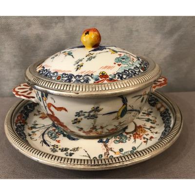 Mehun Bouillon Bowl And Its Plate In Porcelain And Sterling Silver From The Late 19th Century