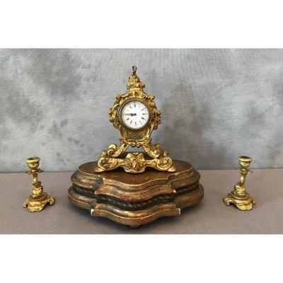 Small Clock With Two Candlesticks In Gilt Bronze From The 19th Time