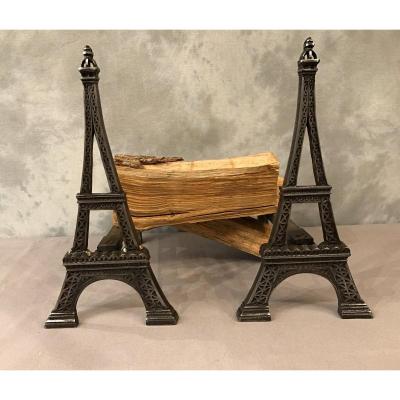 Old Cast Iron Andirons Representing The Eiffel Tower Around 1900