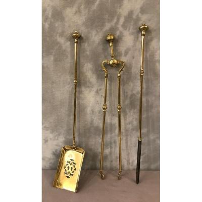 English Brass 3 Piece Fireplace Set Circa 1900