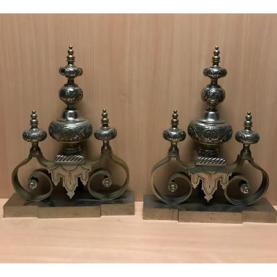 Pair Of Important Old Andirons In Silver Bronze From The 19th Century