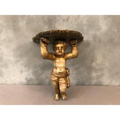 Wall Console In Golden Wood Decorated With A 19th Century Cherub