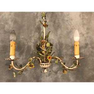 Painted Iron Chandelier With Small Vintage Flowers Around 1900