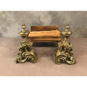Antique Andirons In Polished Bronze From The 19th Time Of Transition Style