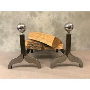 Pair Of Modernist Andirons In Chromed Metal And Bronze Circa 1970