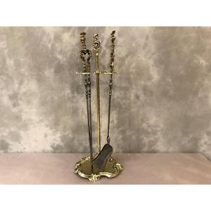 Antique Fireplace Servant In Bronze And Iron, 19th Century Louis XV Style