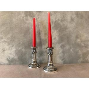 Pair Of Candlesticks In Silver Metal, Late 19th Time