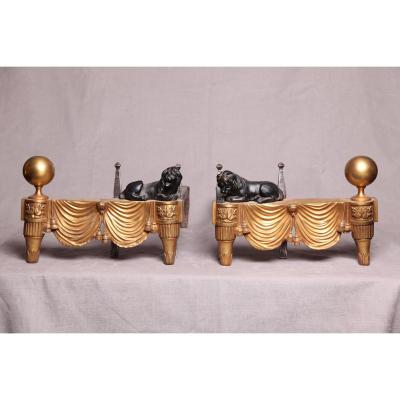 Pair Of Andirons In Gilded Bonze The Lions 19th