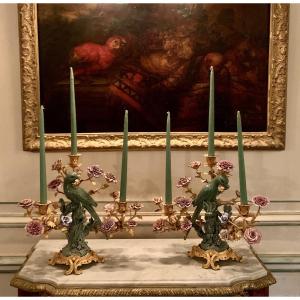 Pair Of Candelabra In Polychrome Porcelain And Gilt Bronze